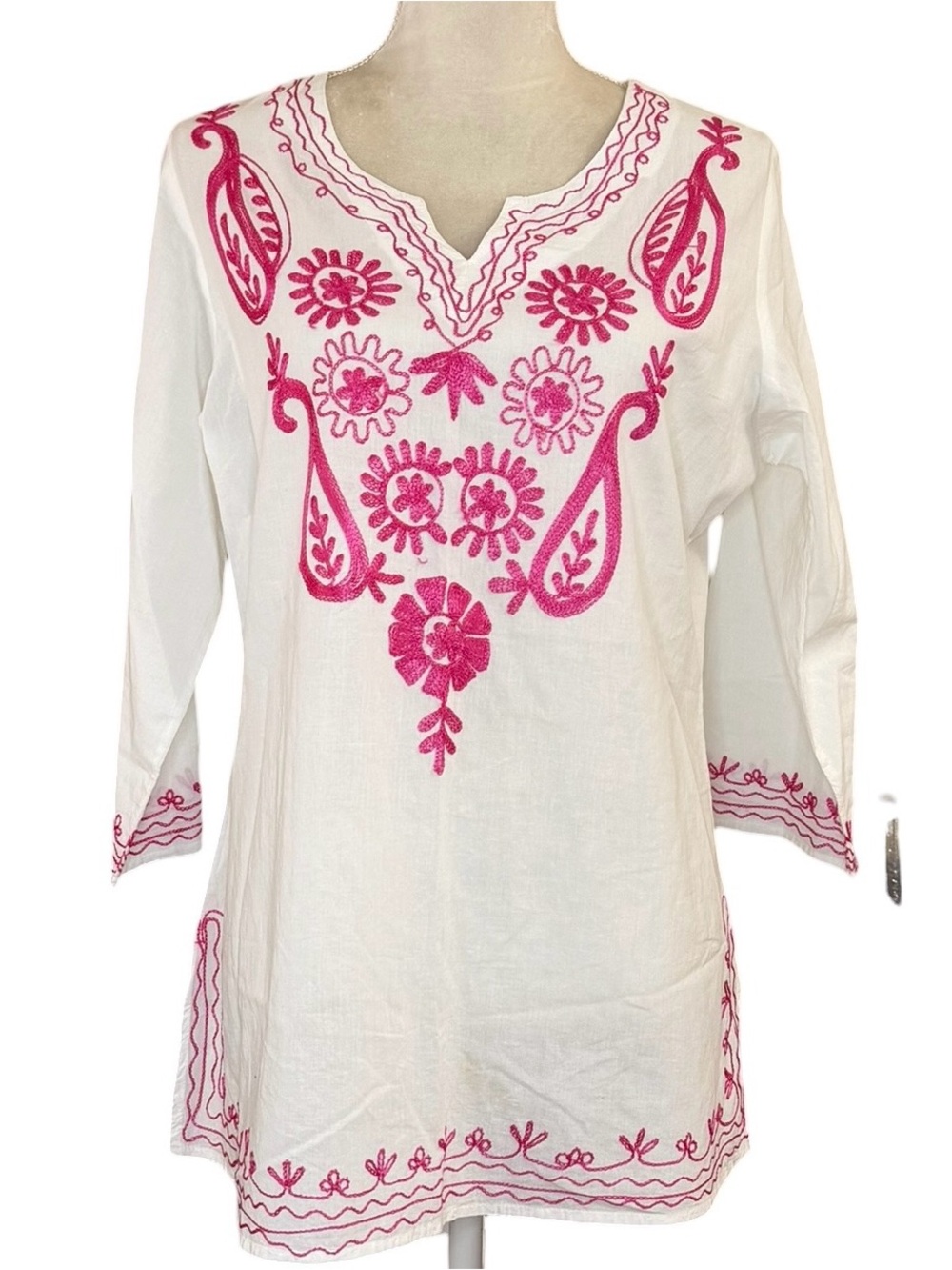 Sita Women’s Large White Pink Embroidered Cotton Tunic Boho Peasant Blouse